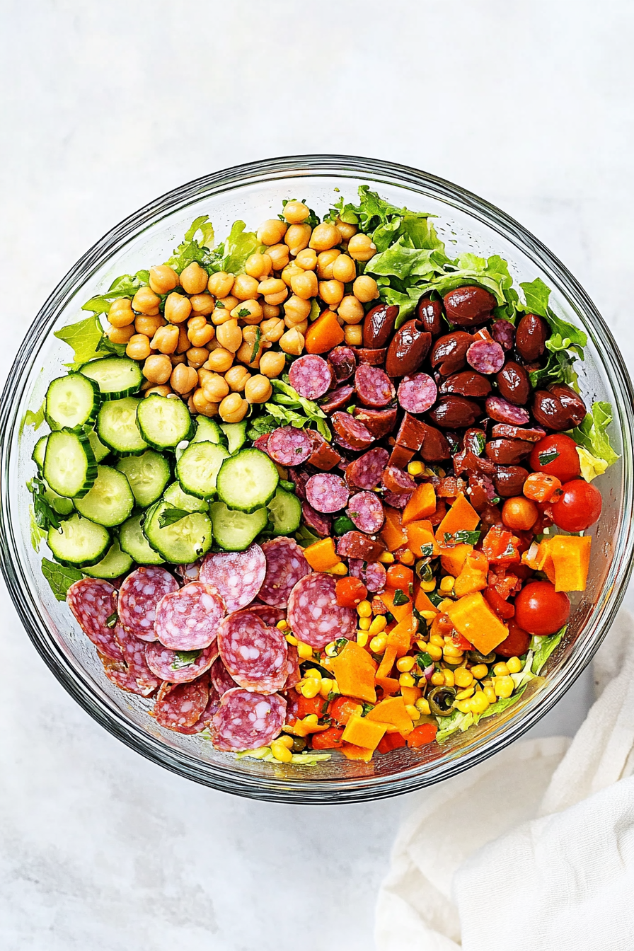 Glass bowl filled with gluten-free Italian chopped salad made with cucumbers, chickpeas, red onion, tomatoes, olives, and salami