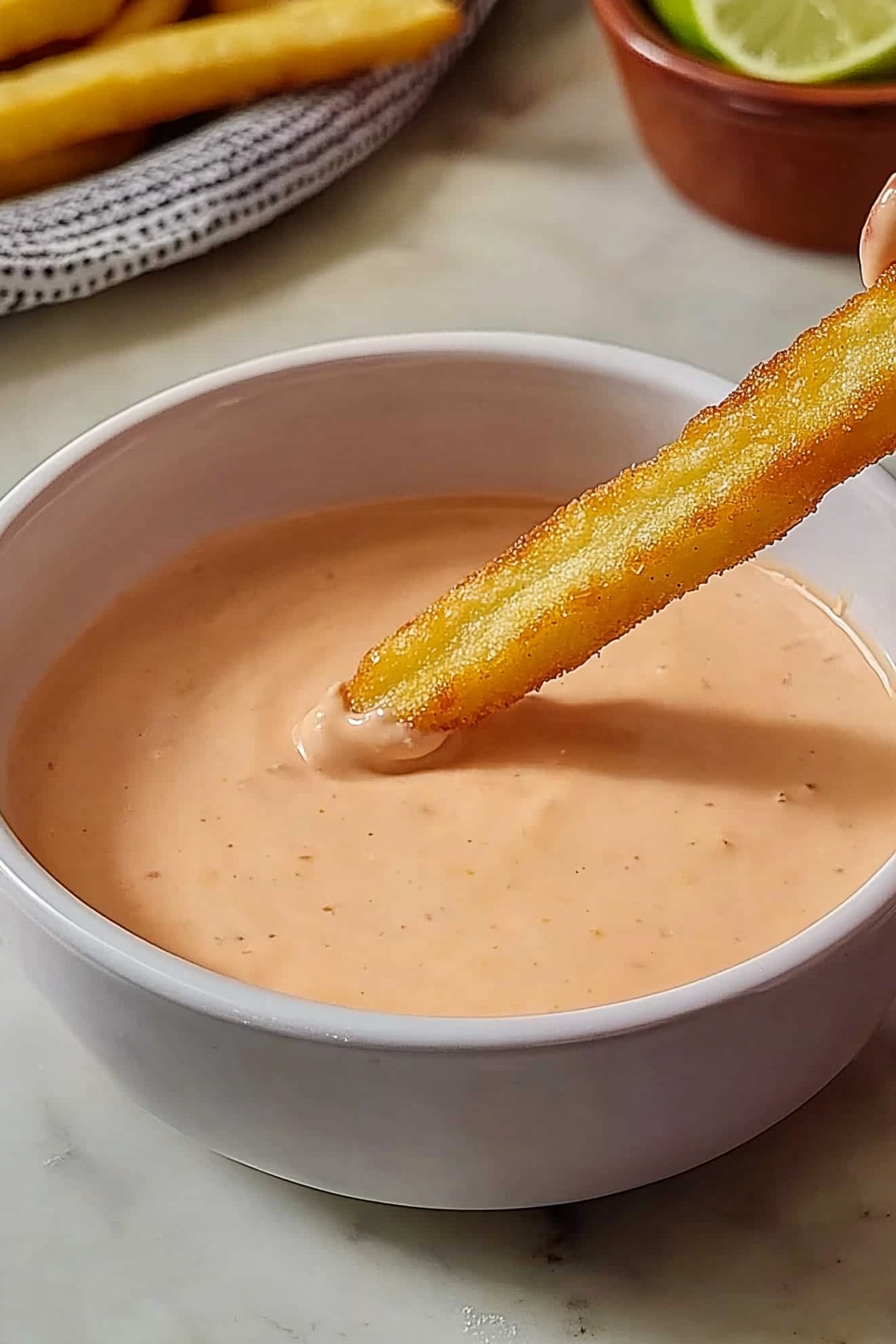 Fry dipped in aioli with lime and fries in background.