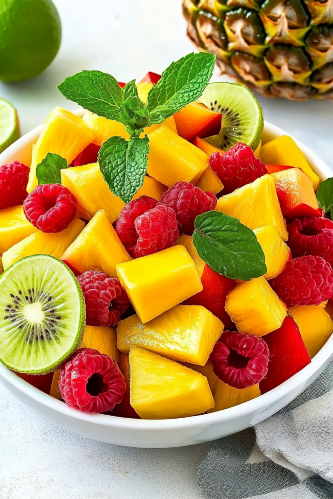 Tropical Fruit Salad with Honey Lime Mango, pineapple, raspberries, kiwi, and lime salad