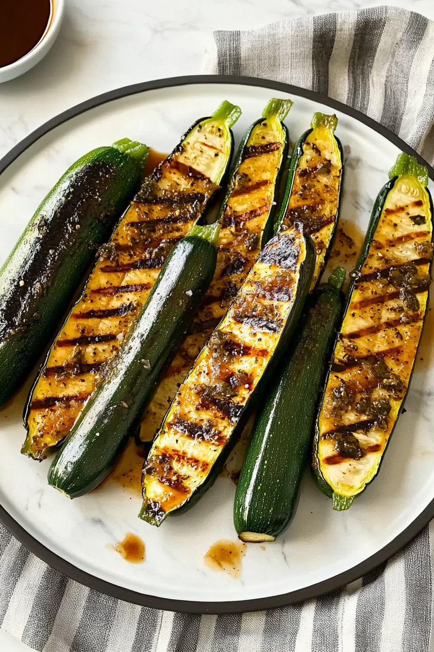 Grilled zucchini slices served on white plate with dark grill char lines