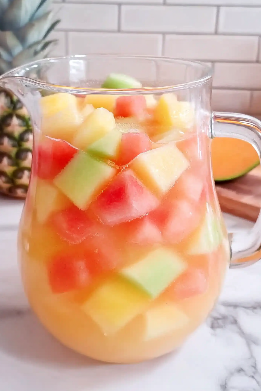 Glass pitcher with melon and soda punch