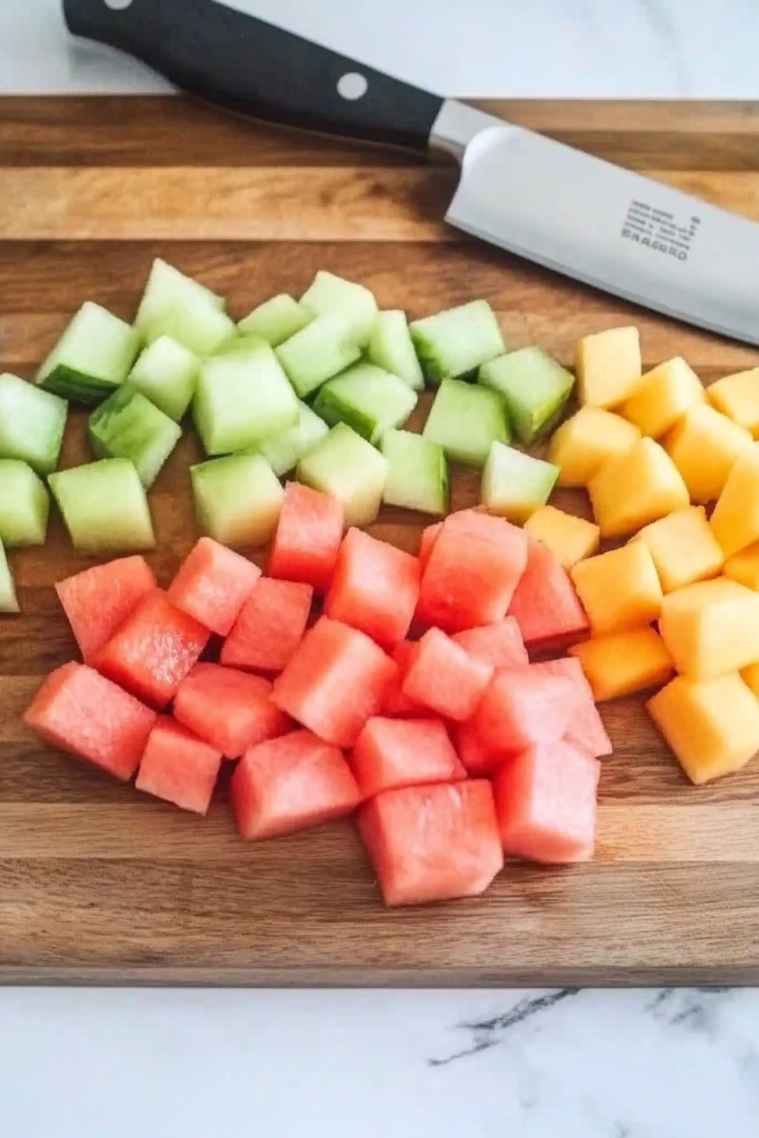 Diced Melon for Easter Punch Watermelon, cantaloupe, and honeydew cubes on cutting board