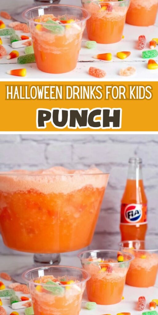 Pinterest graphic showing orange Halloween punch with candy corn and soda bottle, text overlay