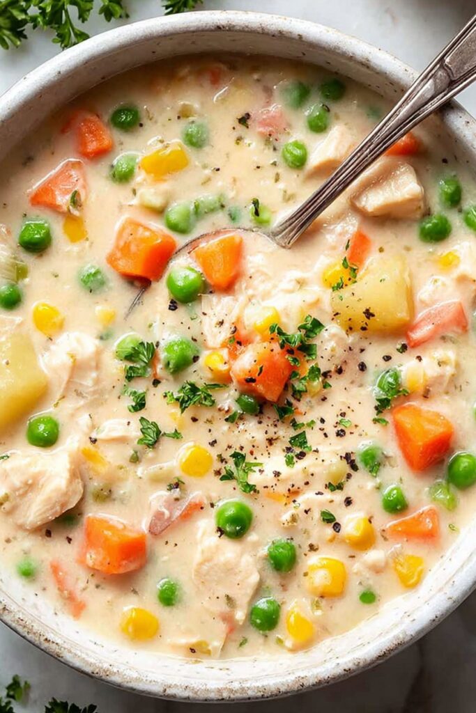 Bowl of creamy crockpot soup with chicken, peas, carrots, corn, and potatoes.