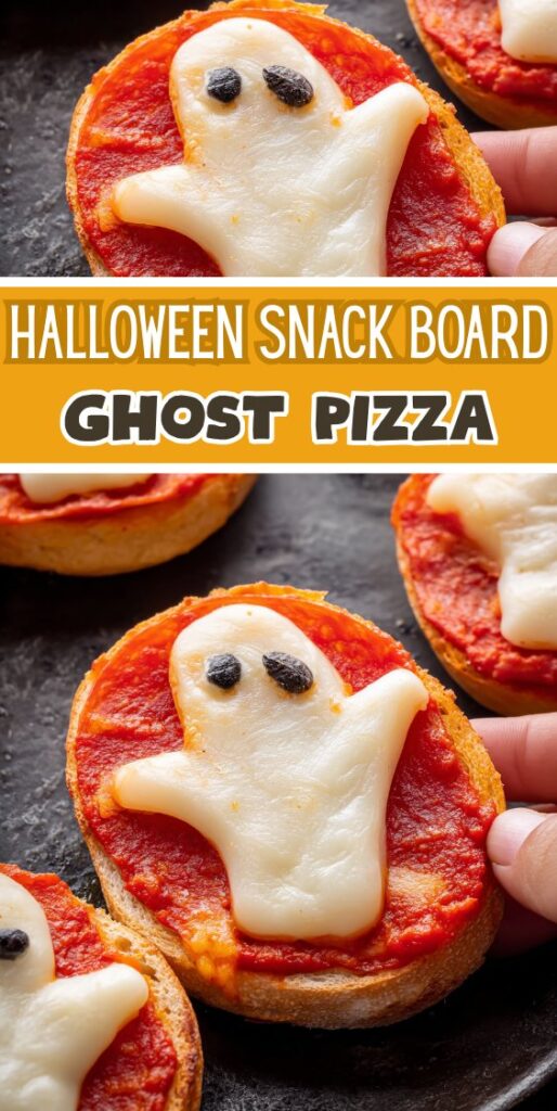 Mini Halloween pizzas with ghost-shaped mozzarella cheese and olive eyes on a baking tray.