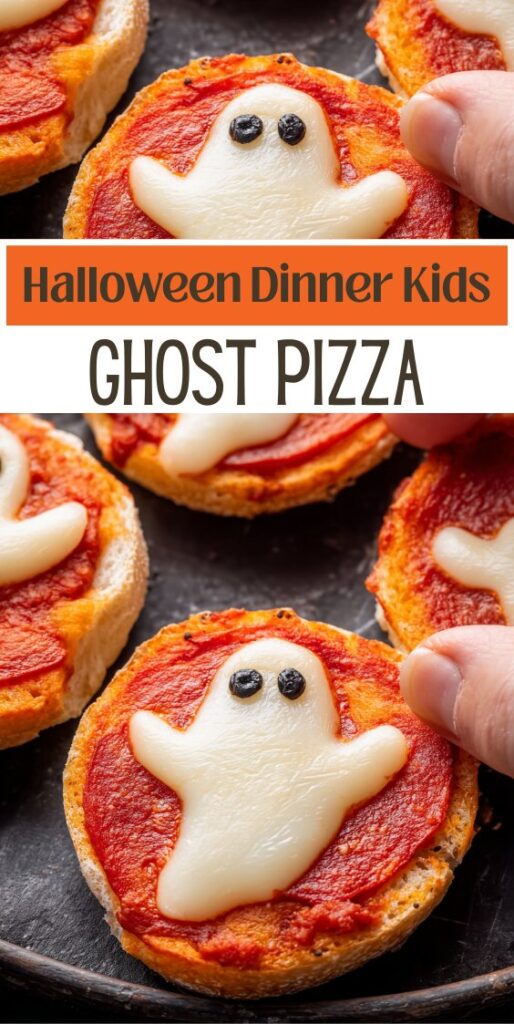 Mini bagel pizzas topped with ghost-shaped mozzarella and olive eyes, served as a Halloween dinner idea for kids.