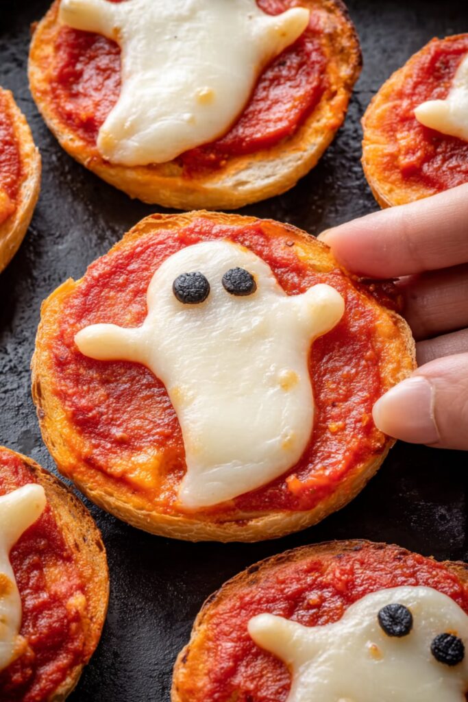 Mini pizzas decorated with mozzarella ghosts and black olive eyes, baked and served for Halloween.