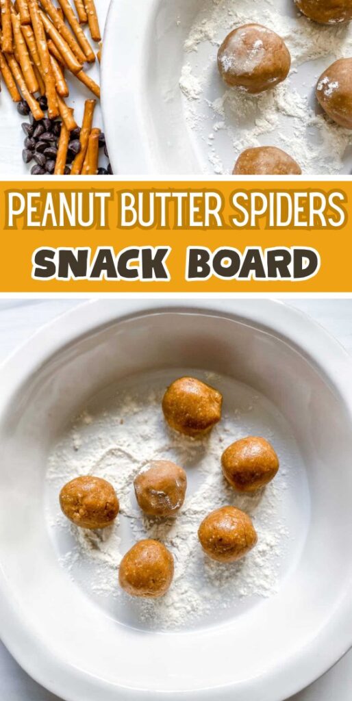 Styled Halloween pin with peanut butter spiders arranged on a plate and text overlay that reads