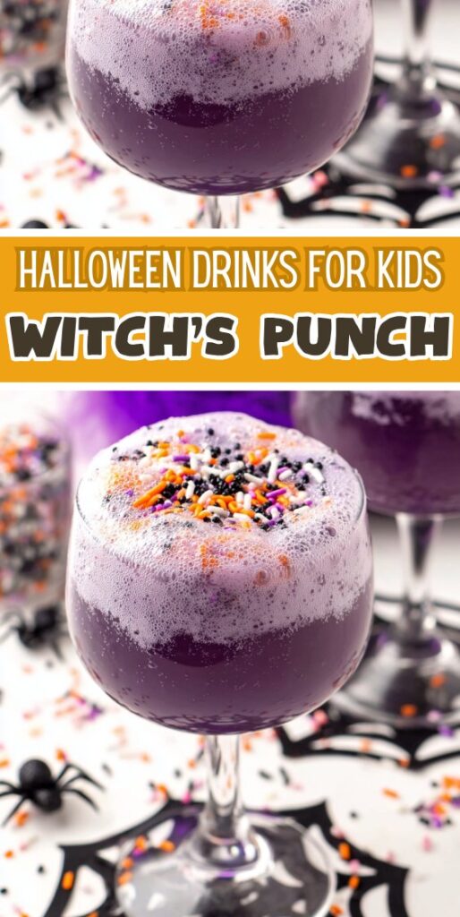 Pinterest graphic of foamy purple Witch's Brew Punch with Halloween sprinkles, text overlay