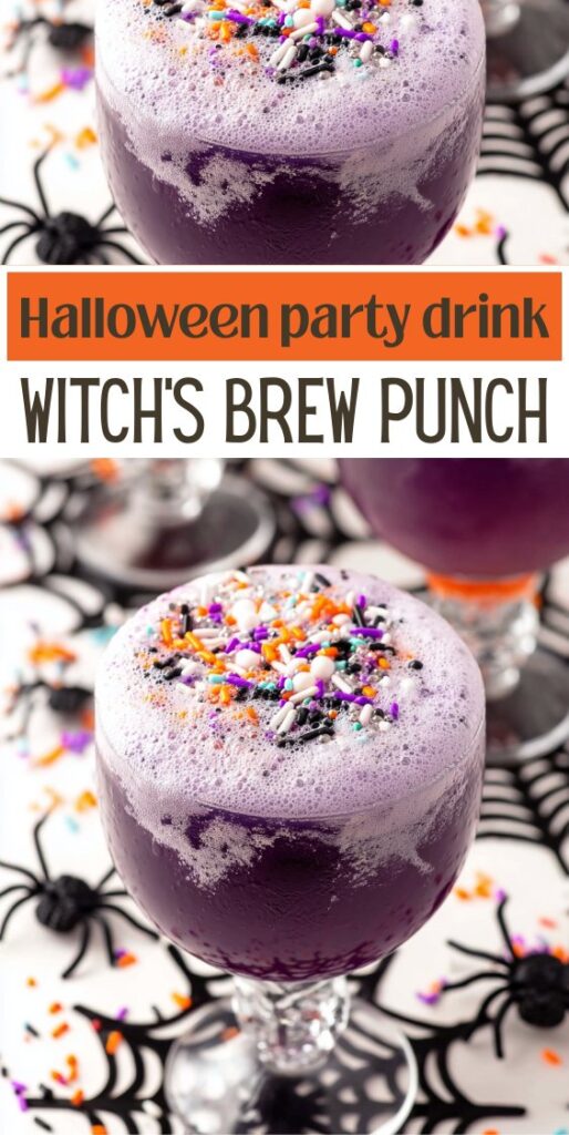 Pinterest graphic featuring purple Witch's Punch topped with Halloween sprinkles, text overlay