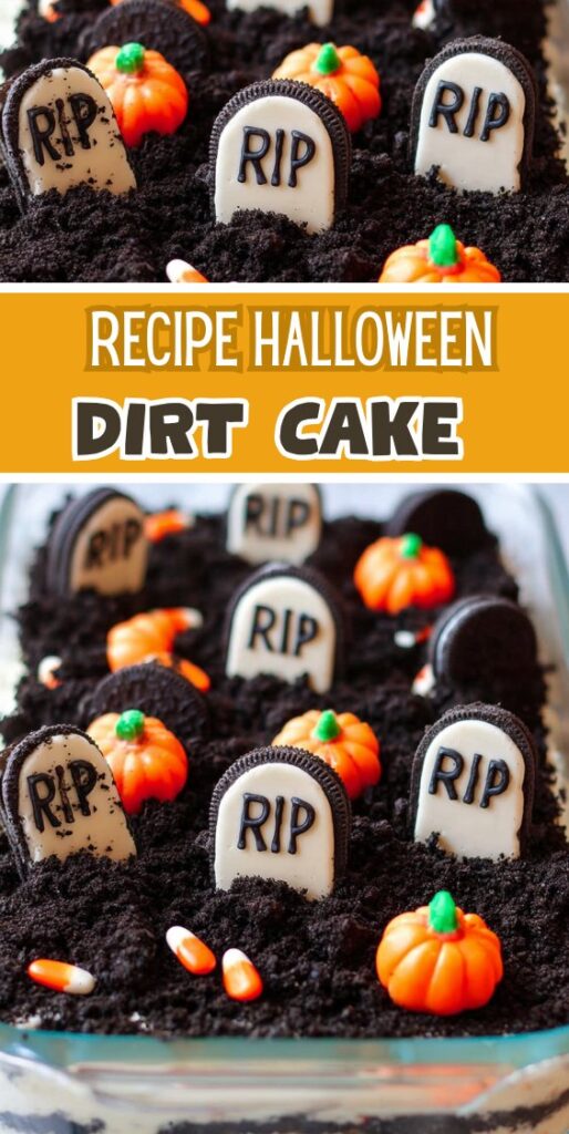 Halloween dirt cake in a glass baking dish layered with creamy filling, Oreo crumbs, and spooky decorations like tombstones and candy pumpkins.