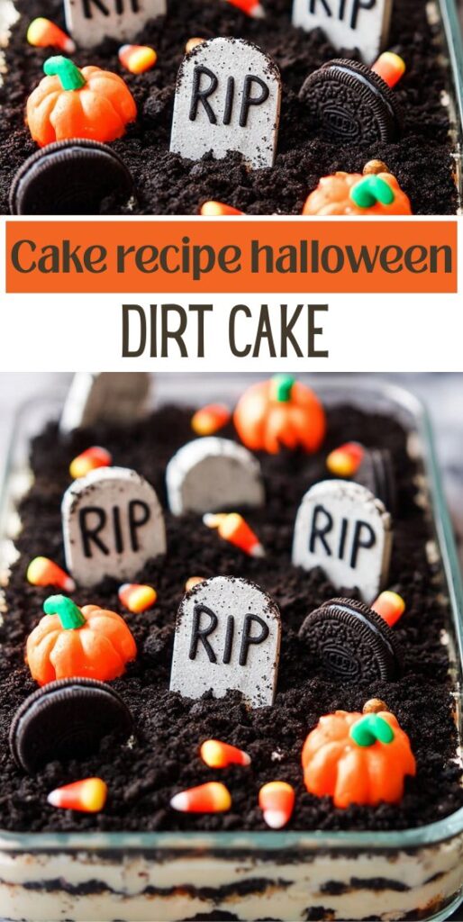Glass dish filled with layered Oreo dirt cake decorated with cookie tombstones, candy pumpkins, and candy corn for a spooky Halloween graveyard look.