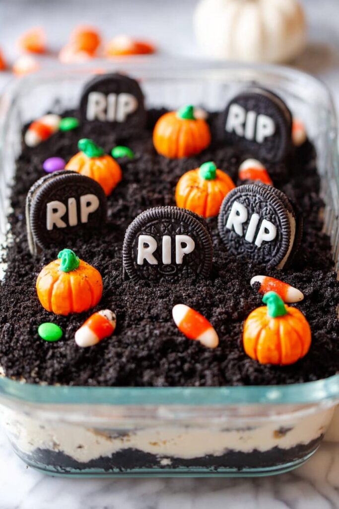 Oreo dirt cake layered in a glass pan, topped with Oreo tombstones, candy pumpkins, and festive candy corn for a Halloween party treat.