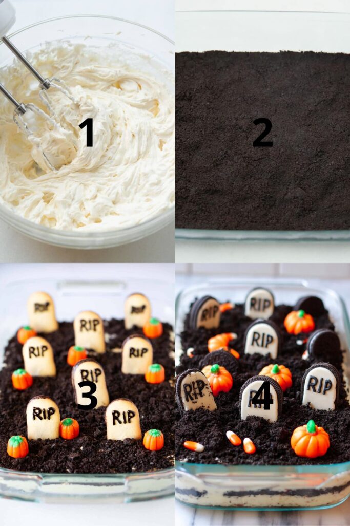 Halloween dirt cake decorated with RIP cookies and bright orange pumpkin candies arranged like a mini graveyard scene.