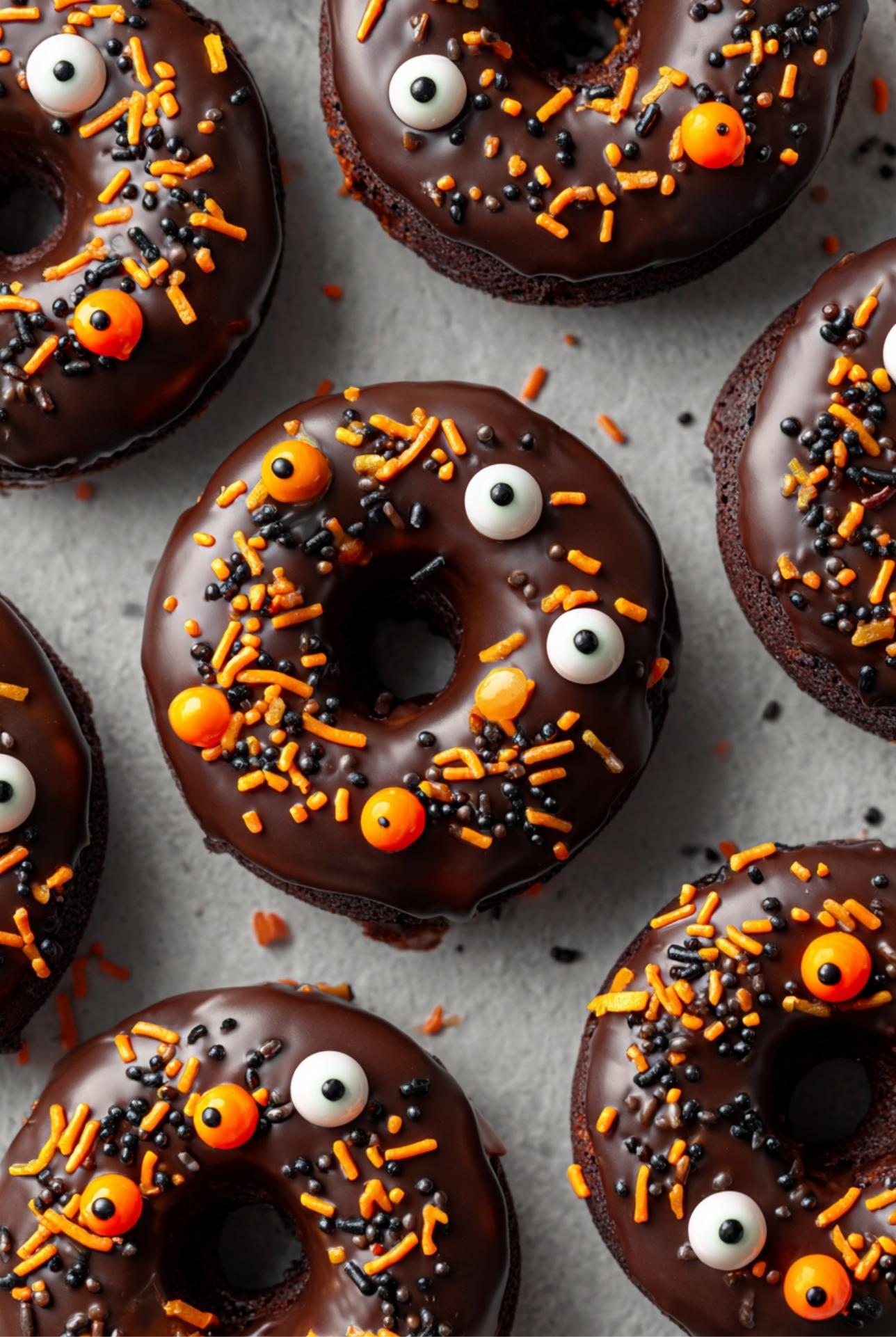 Rows of baked cake mix donuts cooling on a wire rack, some plain and some dipped in glossy chocolate glaze.