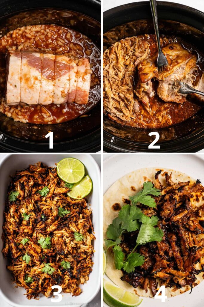 Four-step collage of crockpot carnitas recipe: pork roast in sauce, shredded pork, crispy carnitas in a pan, and pork taco serving.