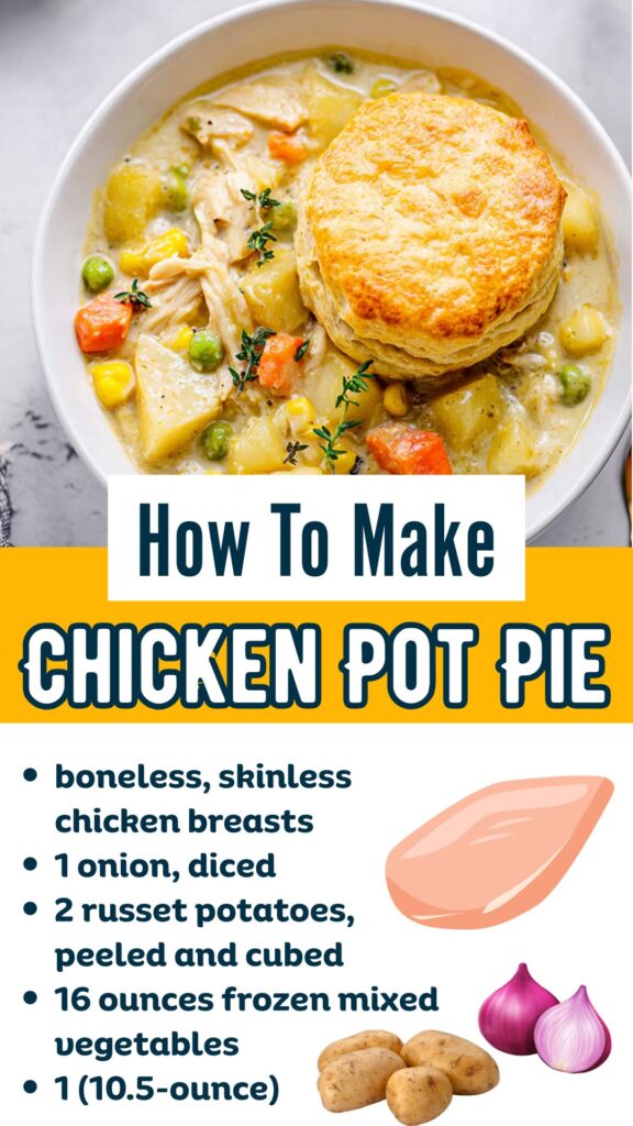 White bowl filled with crockpot chicken pot pie topped with a biscuit, showing chicken, carrots, peas, and corn in a creamy sauce.