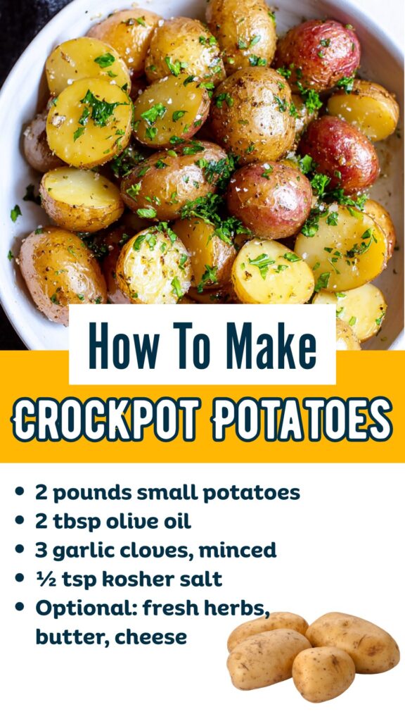Slow cooker with garlic herb potatoes ready to serve.