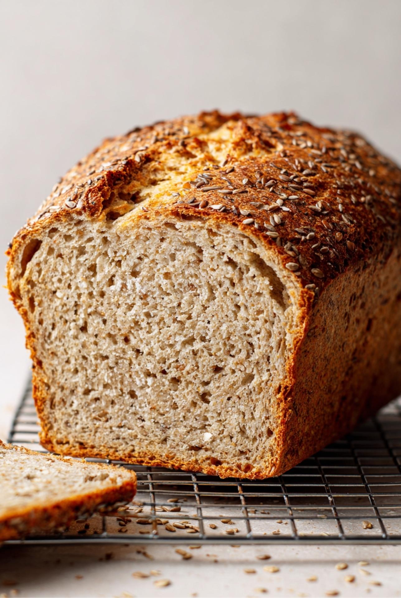 Cooling rack with high fiber bread topped with flaxseeds, freshly baked and sliced.