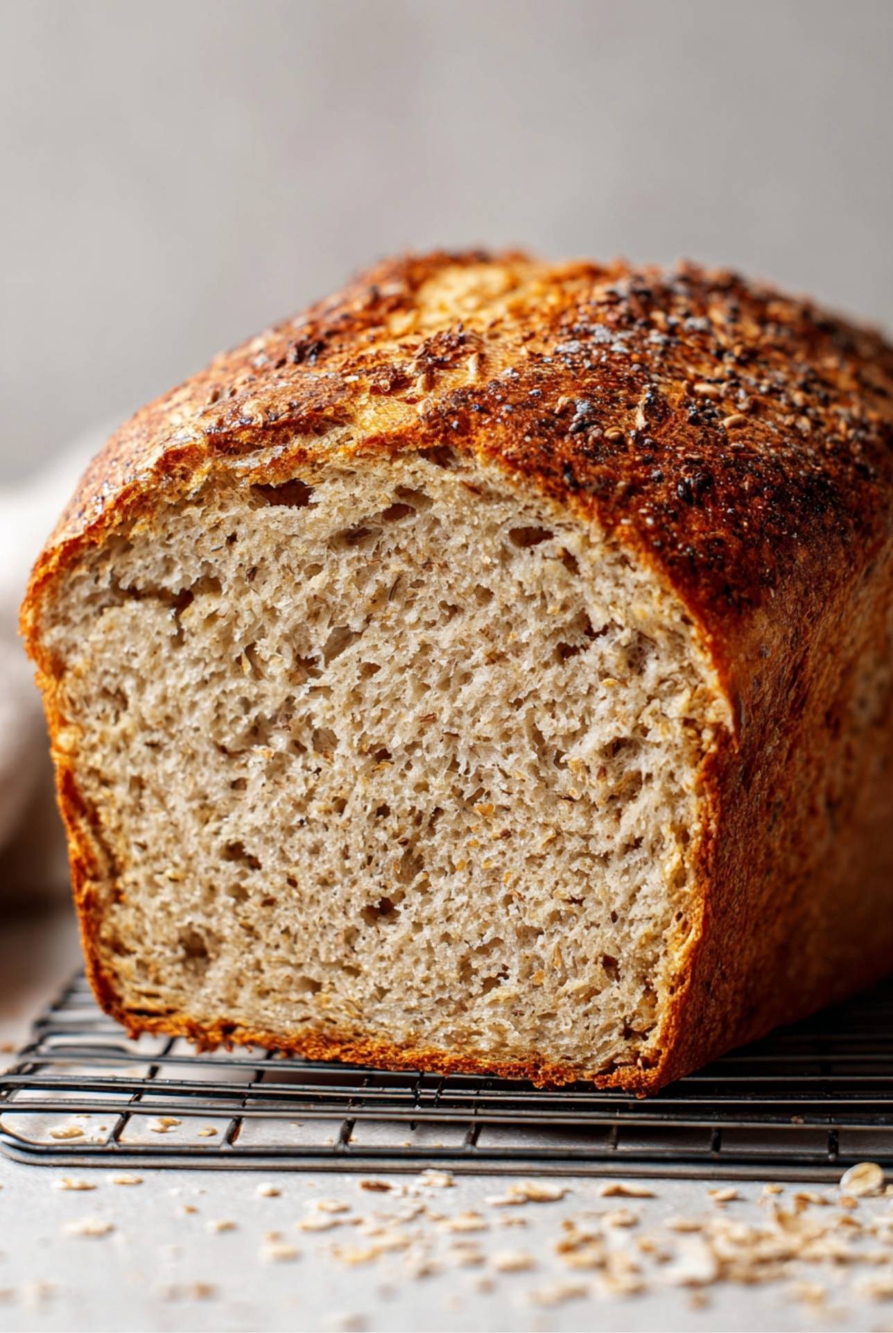 Close-up of sliced high fiber bread loaf with golden crust and airy crumb texture.