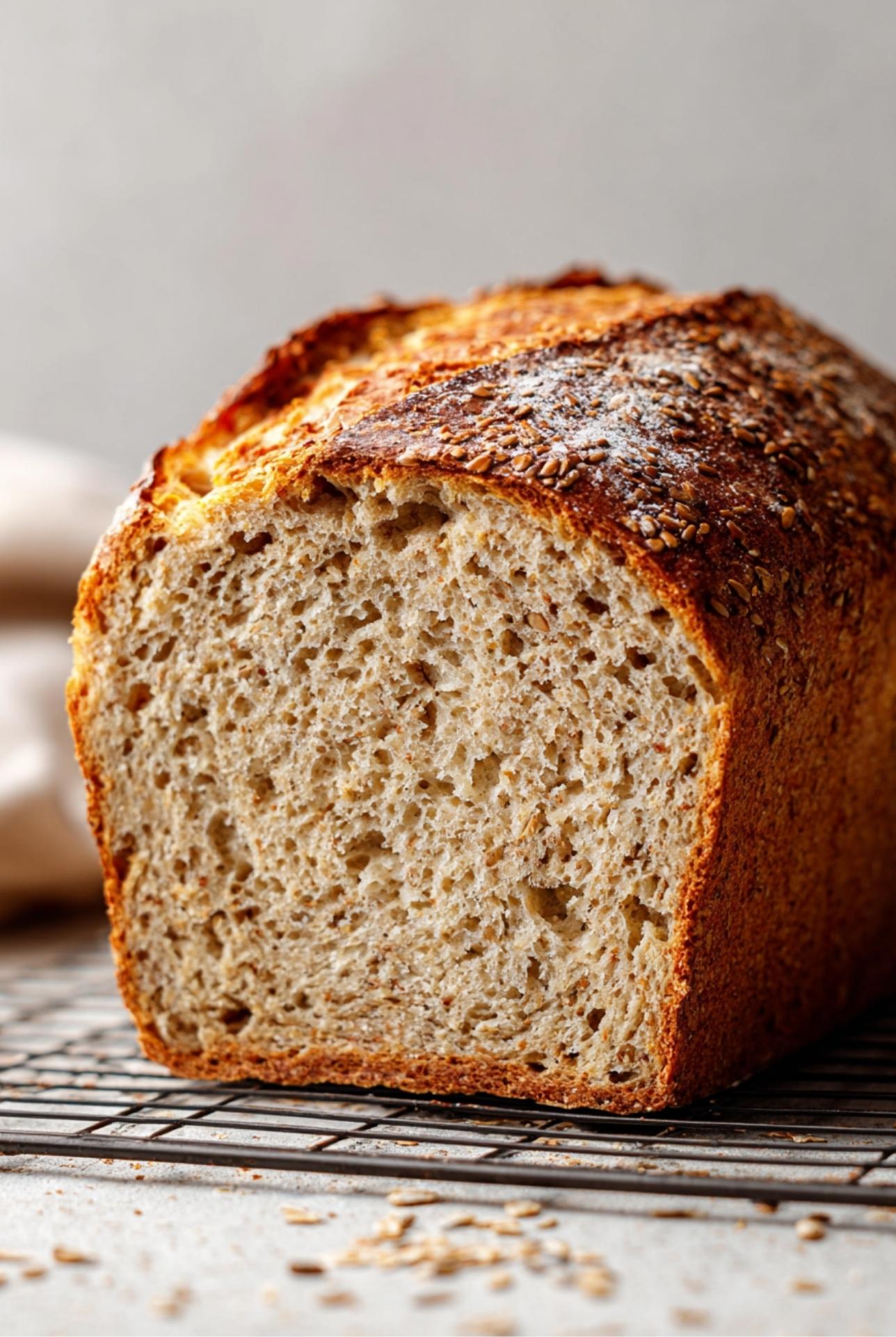 High fiber bread loaf with sesame seed topping, sliced open to show soft inside.