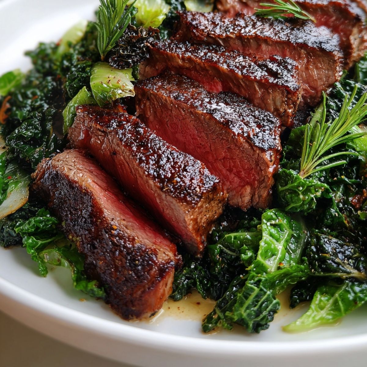 Juicy seared steak slices served over sautéed escarole with rosemary, a quick high-fiber dinner plate.