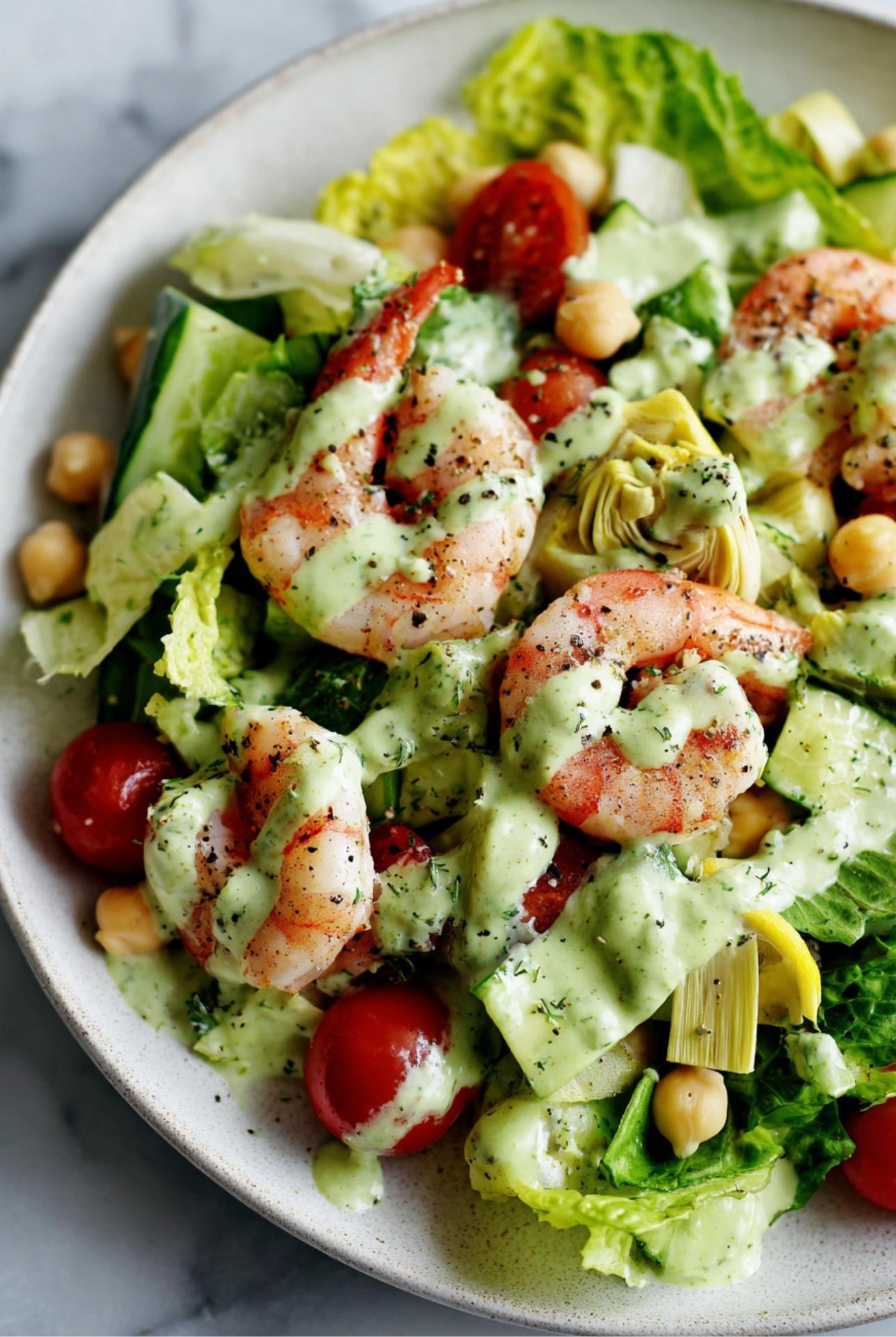 Shrimp salad with avocado dressing, lettuce, tomatoes, chickpeas, and artichokes for a high-fiber lunch.