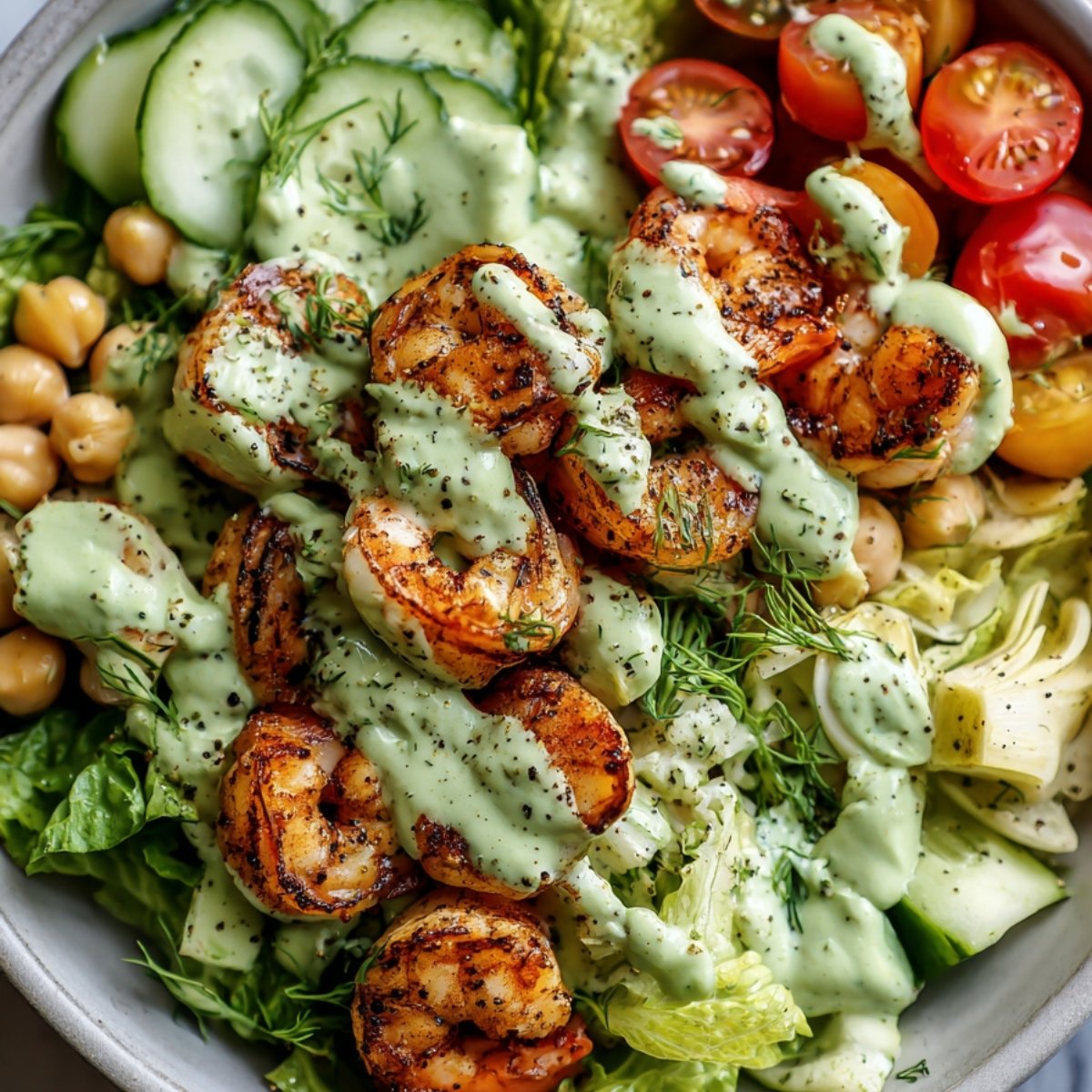 Grilled shrimp served with chickpeas, cucumbers, and avocado dressing in a high-fiber lunch bowl.