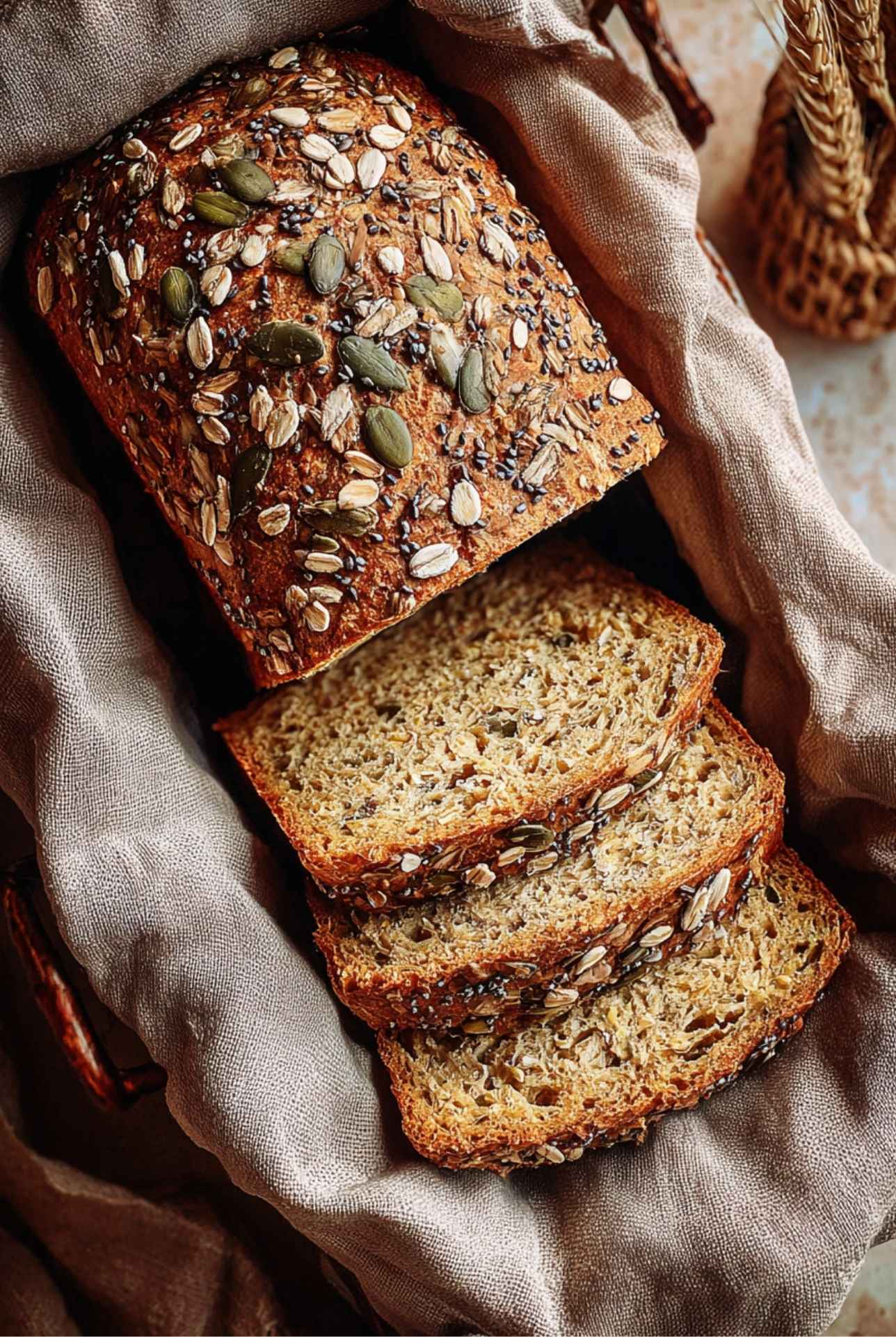 Sourdough sandwich bread loaf with oats, pumpkin, and sunflower seeds, sliced and displayed in a linen-lined basket.
