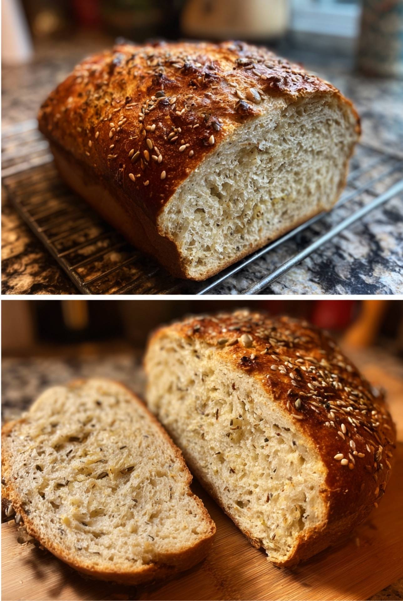 Rustic sourdough bread loaf with a golden crust and seeded topping, sliced open to reveal airy crumb.