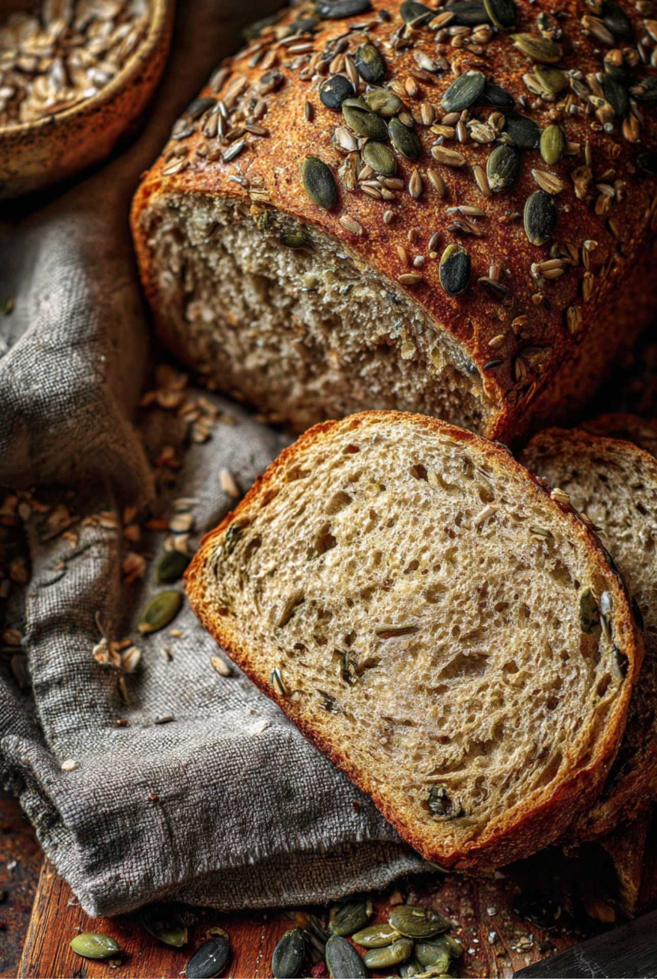 Freshly baked high-fiber sourdough bread loaf topped with pumpkin and sunflower seeds, sliced on a rustic linen cloth.