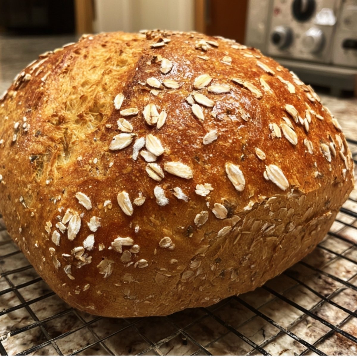 Golden sourdough bread loaf with oat topping cooling on a wire rack.