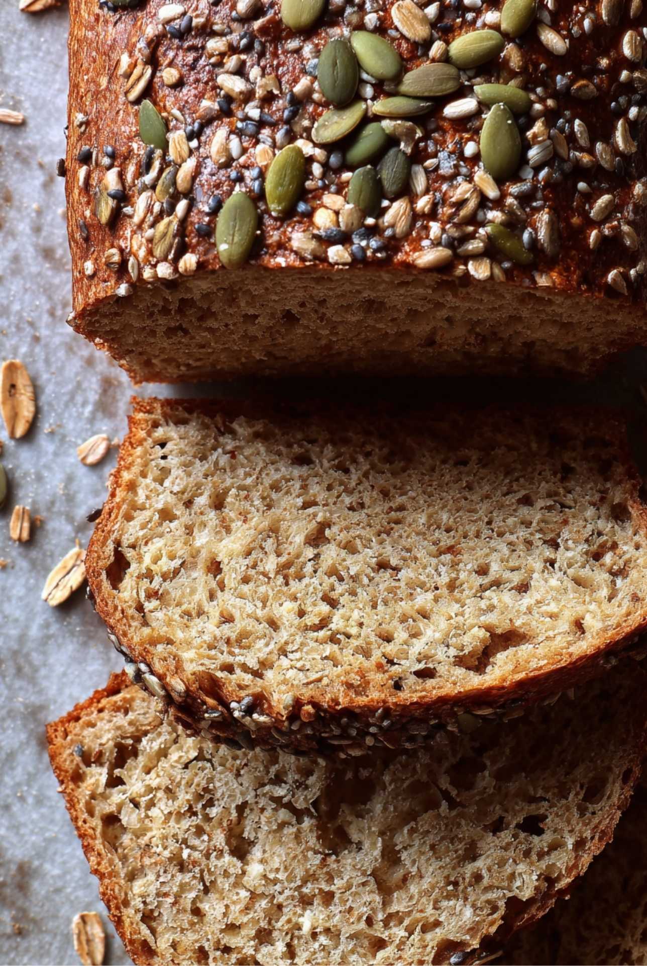 Close-up of seeded high-fiber sourdough bread with pumpkin and sesame seeds on top, sliced to show soft crumb texture.