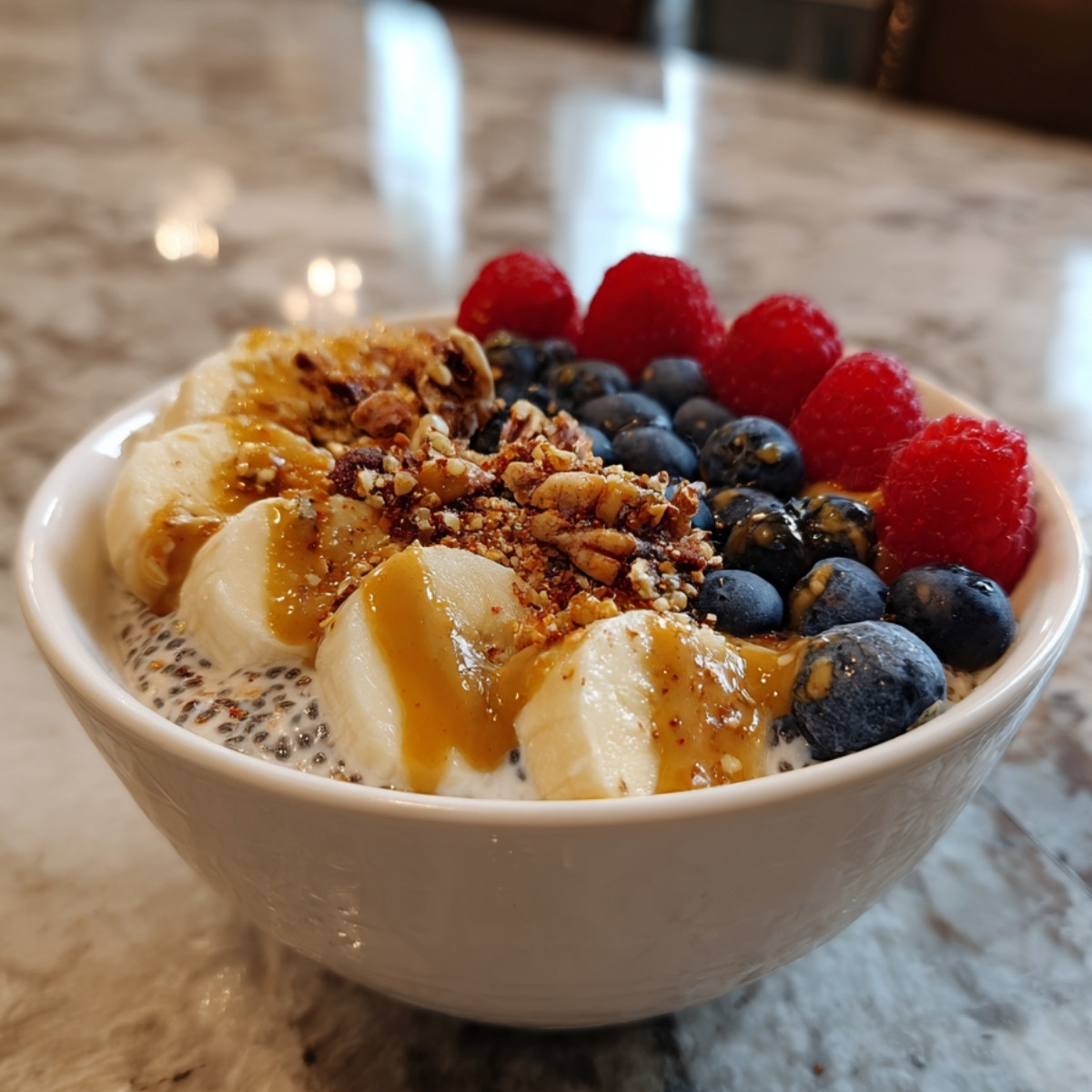 Close-up of a chia seed pudding breakfast bowl topped with bananas, blueberries, raspberries, granola, and nut butter for a protein and fiber-rich meal.