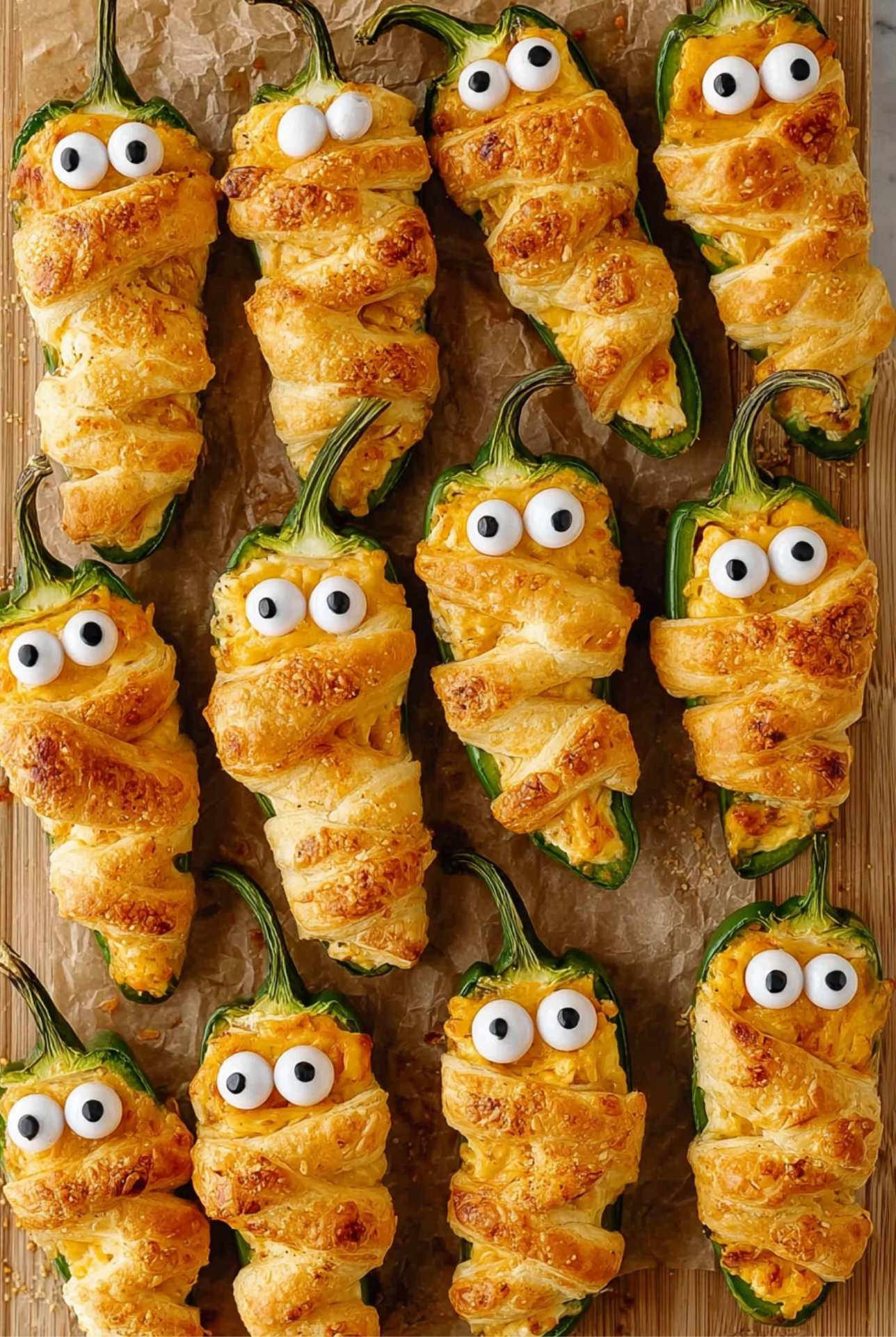 Unbaked jalapeño poppers wrapped in dough strips on a baking tray with Halloween skeleton decorations.