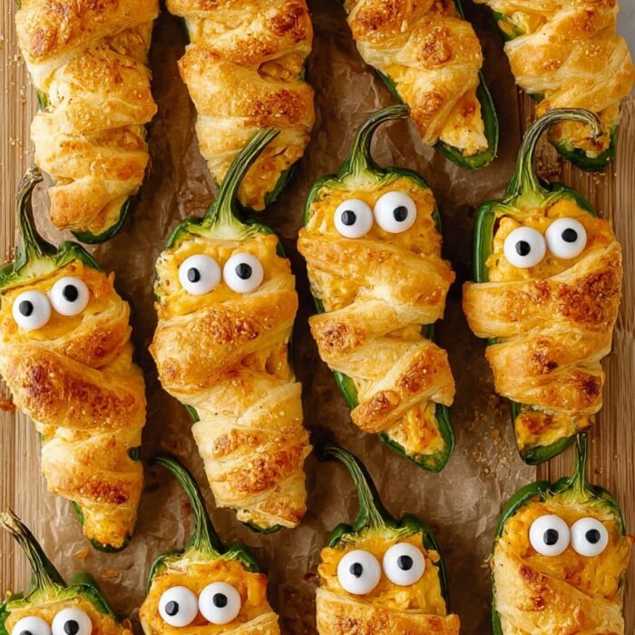 Overhead view of jalapeño popper mummies wrapped in golden crescent dough with candy eyes.