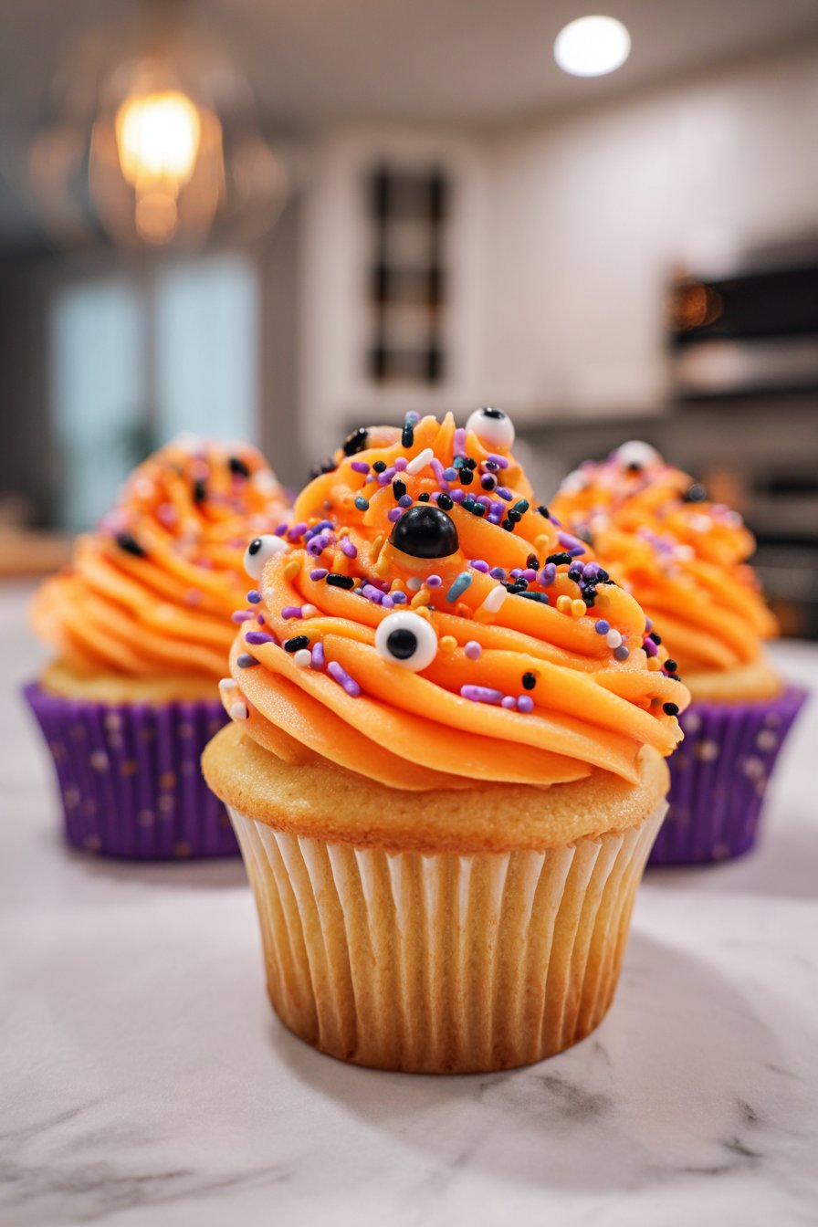 Halloween poke cupcake in white liner with orange Jello stripes inside, topped with orange frosting, candy eyes, and colorful sprinkles.