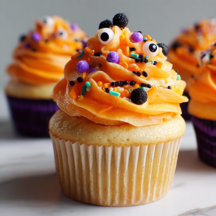Orange poke Halloween cupcake with candy eyes and sprinkles in a purple cupcake liner.