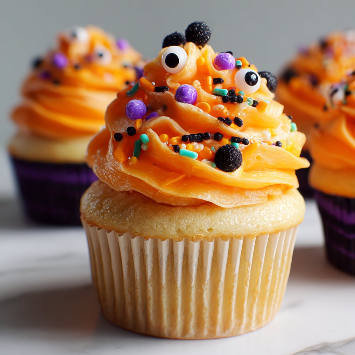 Orange poke Halloween cupcake with candy eyes and sprinkles in a purple cupcake liner.