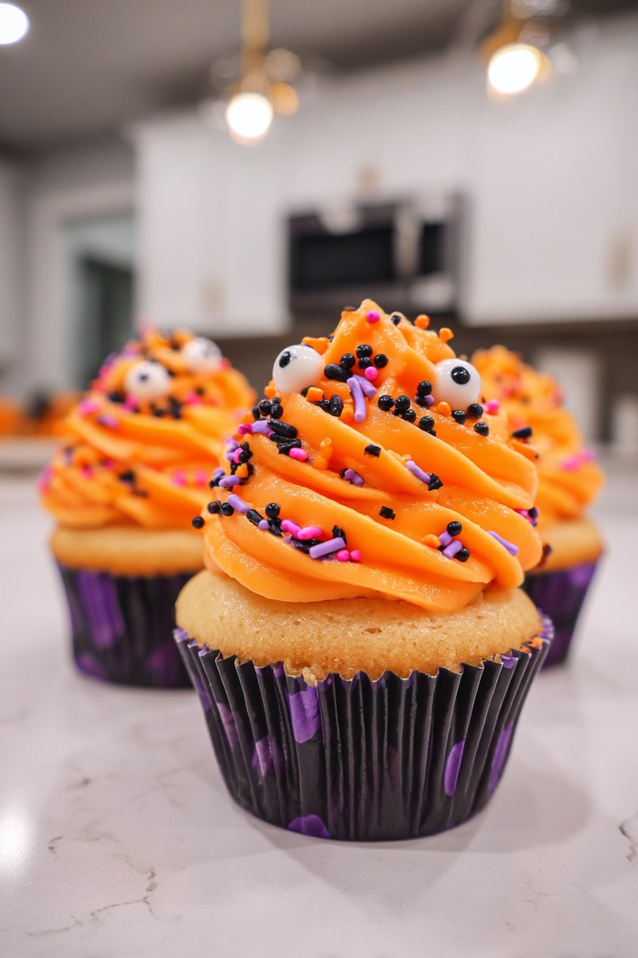 Close-up of an Orange Poke Halloween Cupcake with bright orange frosting, candy eyes, and black, purple, and pink sprinkles.