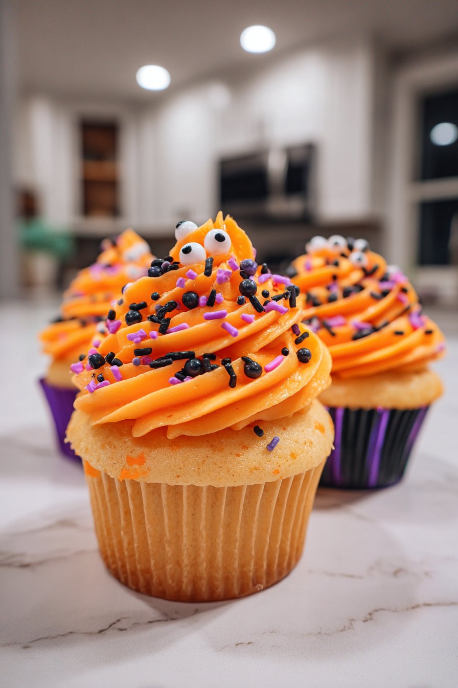 Halloween cupcakes decorated with orange buttercream swirls, candy eyeballs, and festive sprinkles.