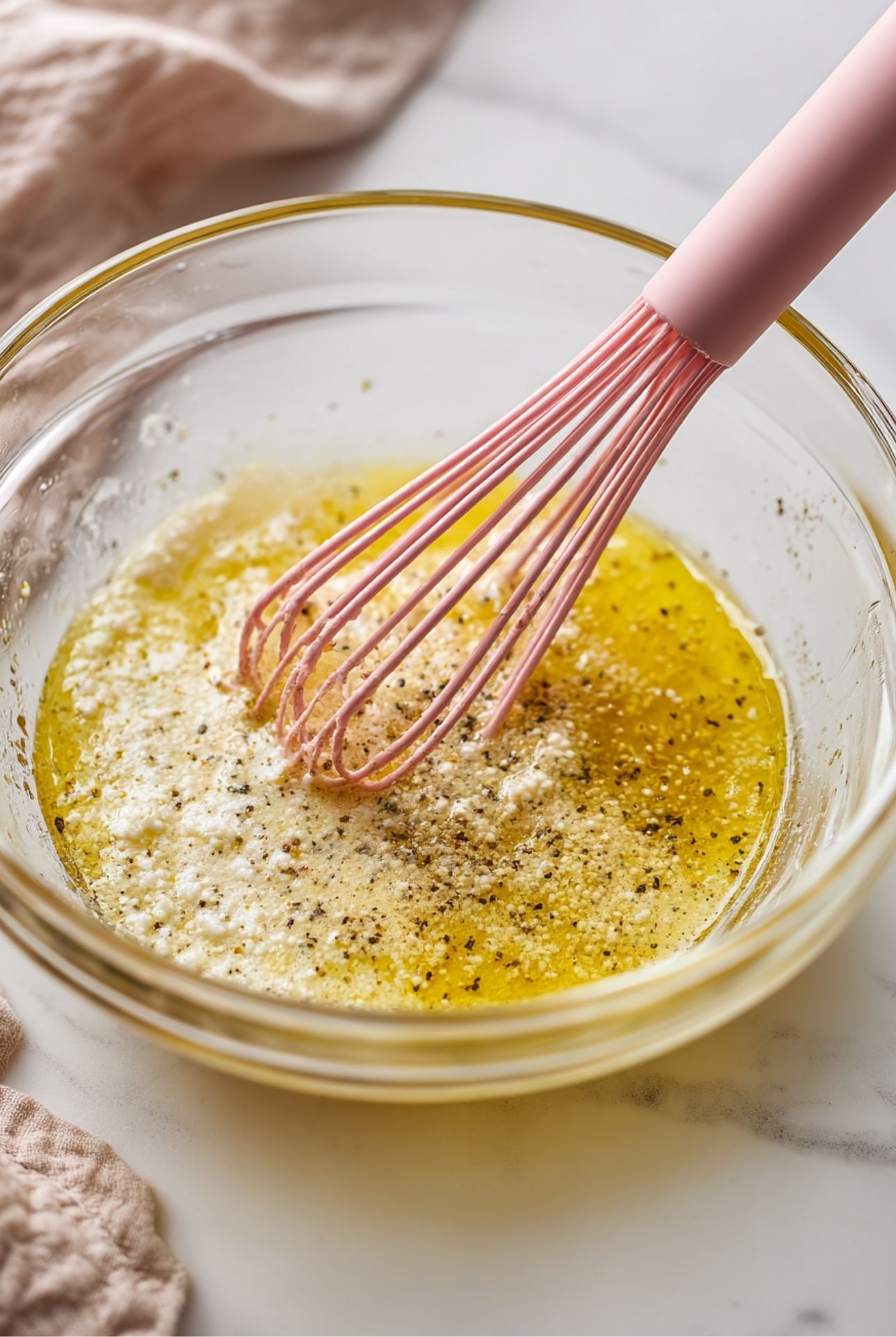 Glass bowl with homemade mustard-lemon dressing being whisked, prepared for red potato salad.