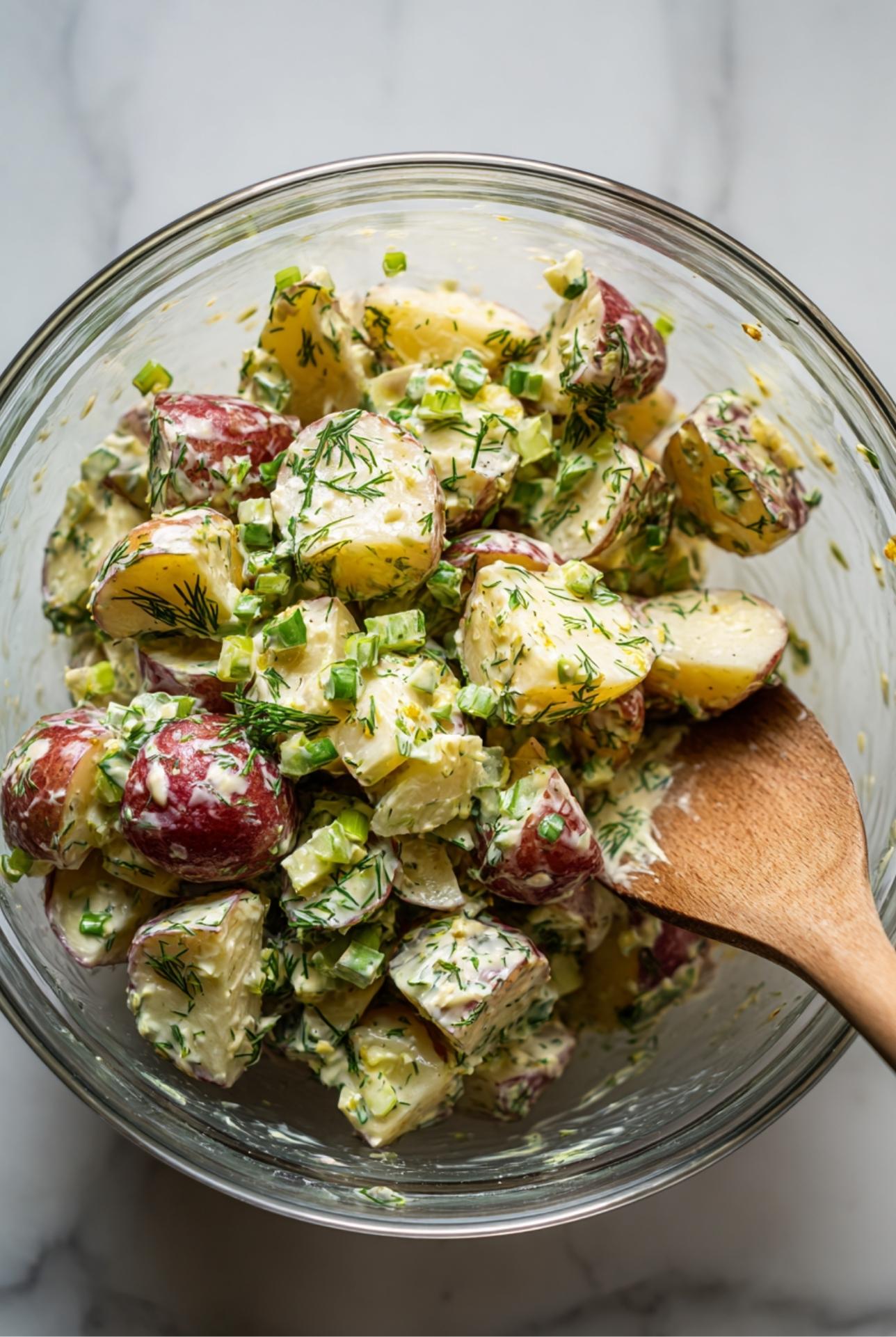 Red potato salad with dill, celery, and scallions in a glass mixing bowl with a wooden spoon.