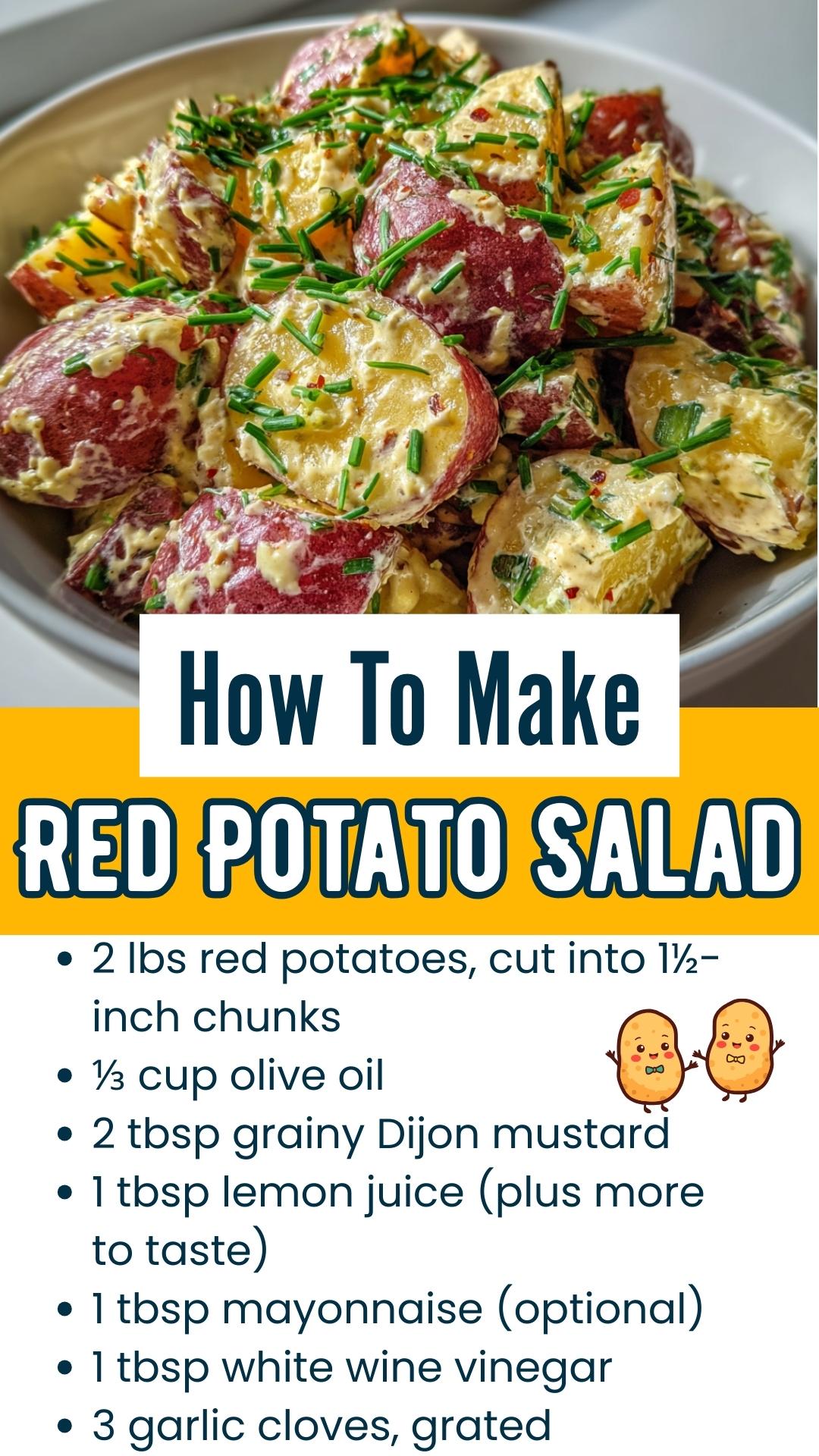 Recipe card showing ingredients and steps for making red potato salad with mustard herb dressing.
