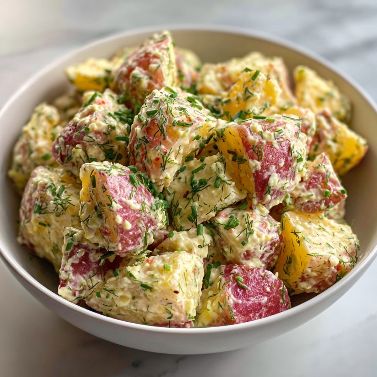 Close-up of creamy red potato salad with chopped dill and chives in a white serving bowl.