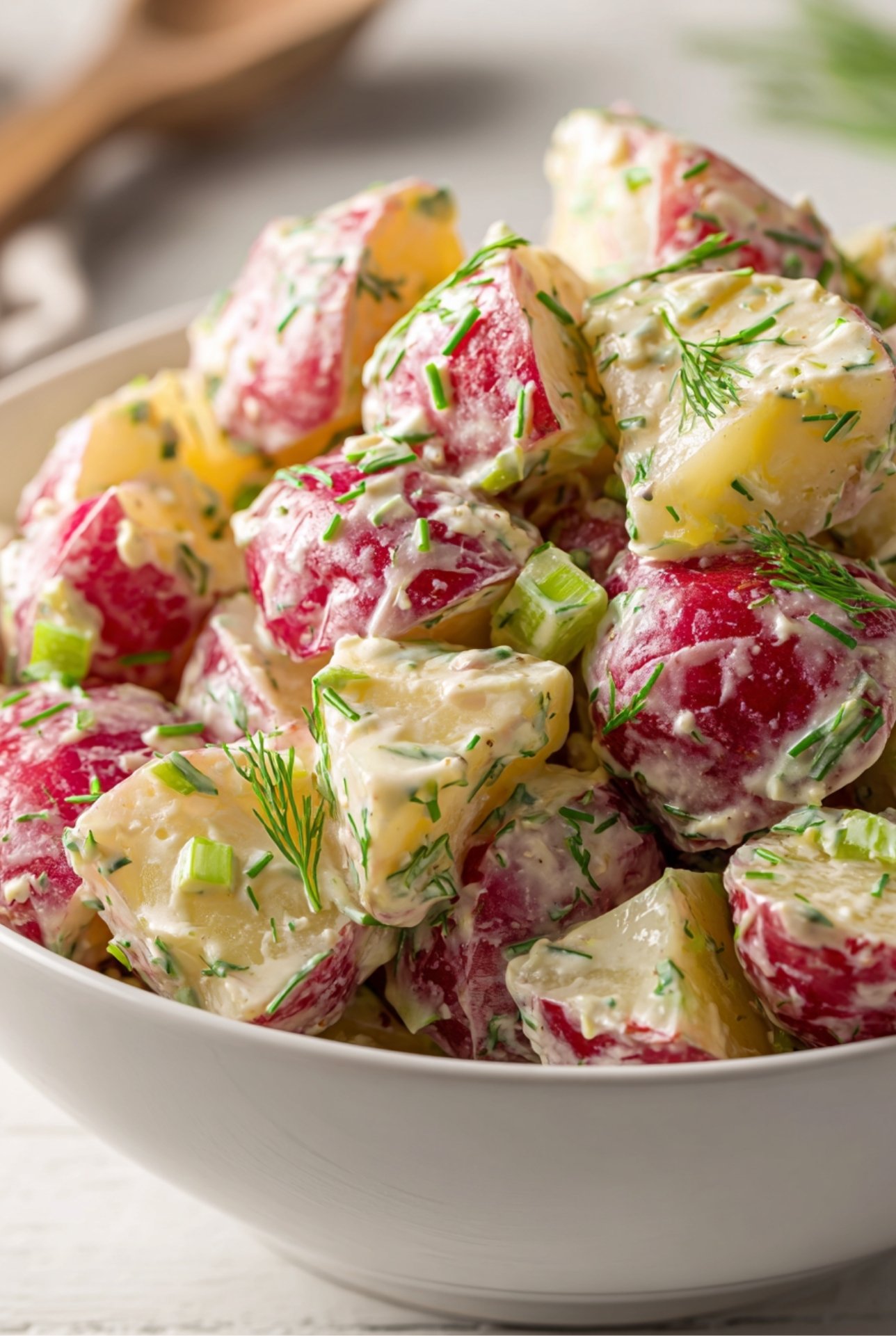 Bowl of red potato salad with creamy dressing and green herbs, ready to serve at a picnic or BBQ.