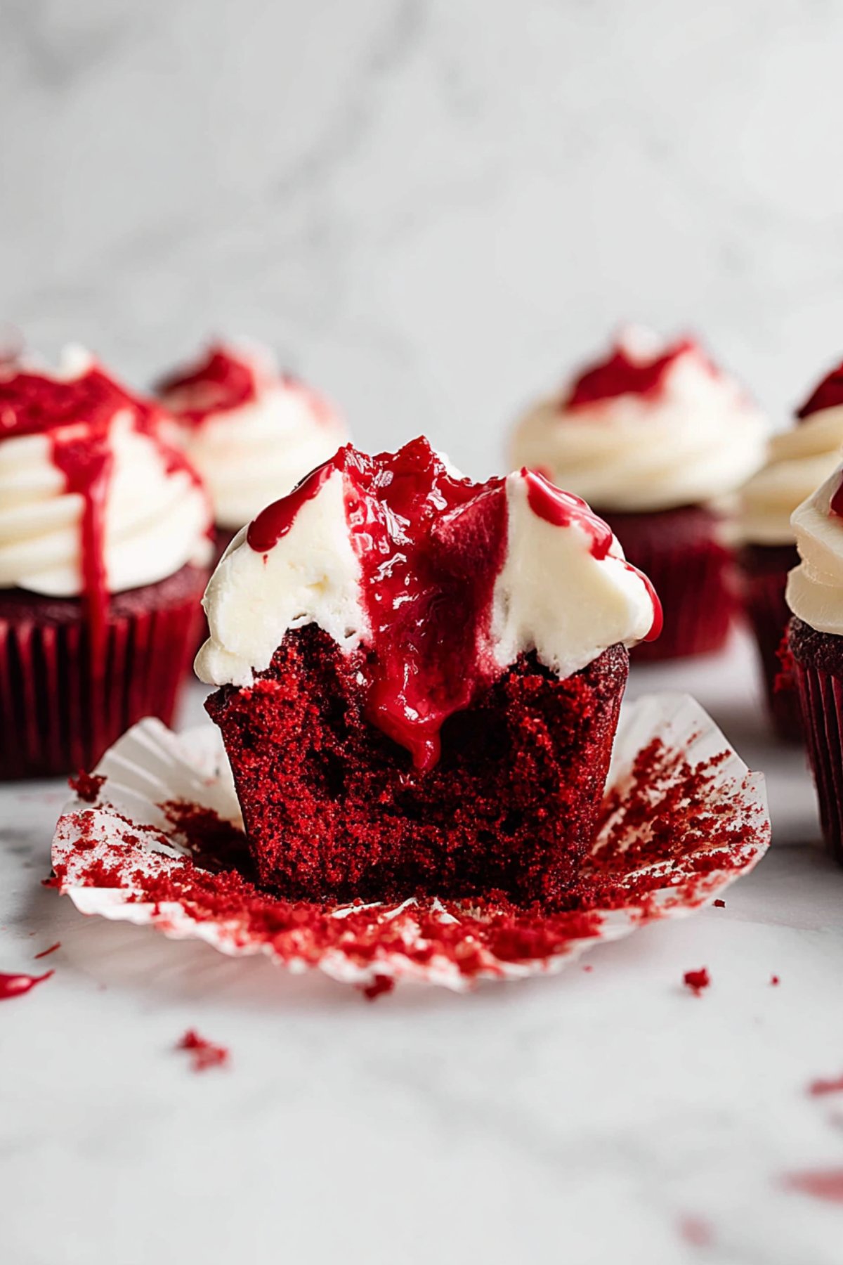 Halloween red velvet cupcake with cream cheese frosting and hollow center filled with raspberry “blood” sauce.