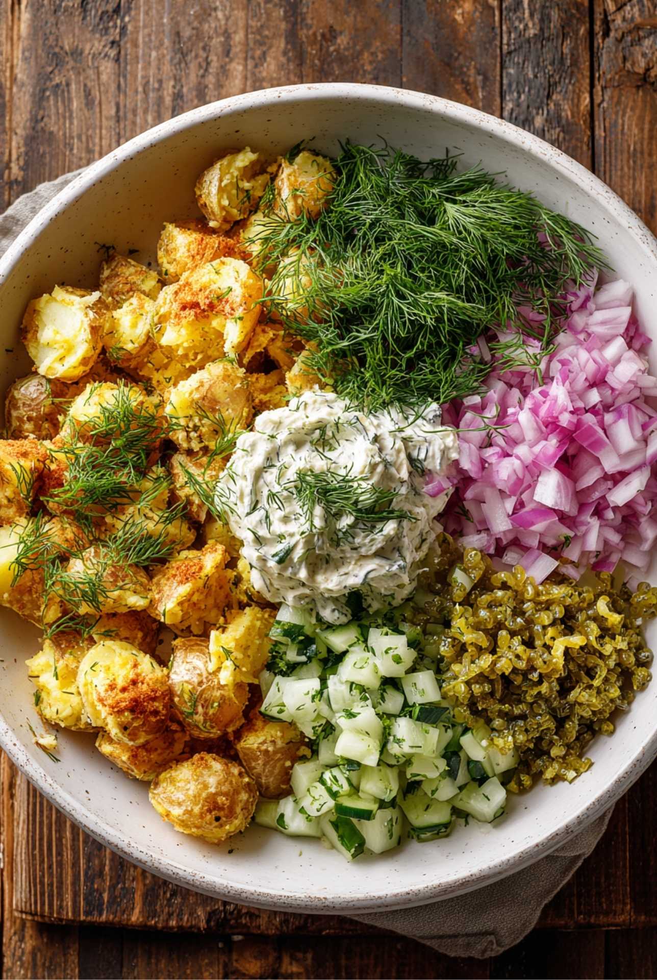 Overhead bowl of smashed potato salad ingredients including roasted potatoes, dill, red onion, cucumber, pickles, and creamy dressing.