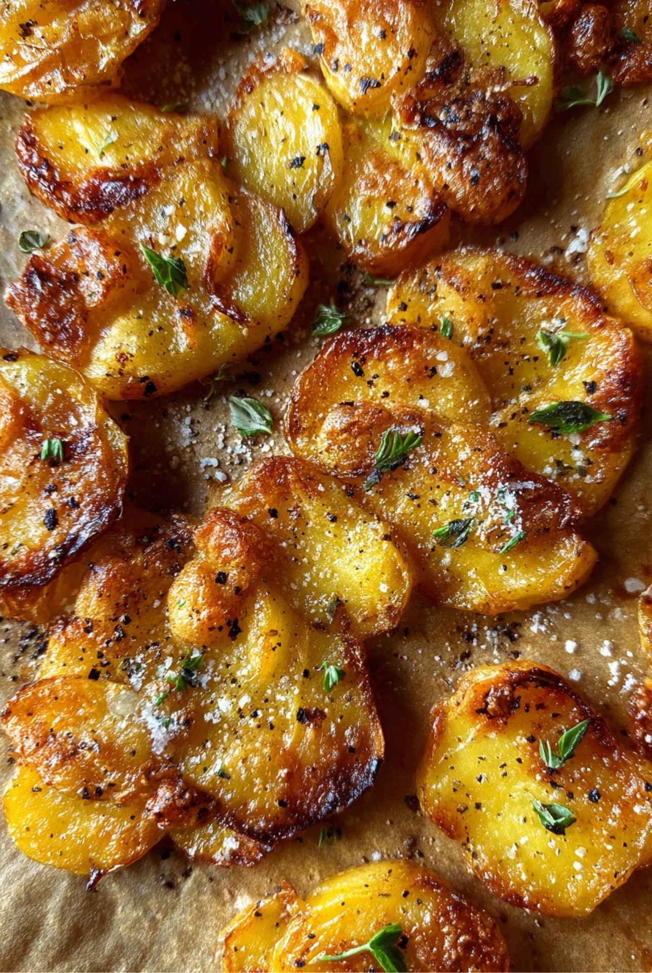 Close-up of golden roasted smashed potatoes with herbs and sea salt on parchment paper.