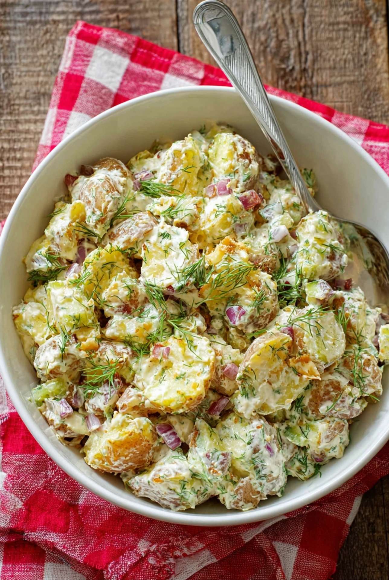 Bowl of smashed potato salad with fresh dill, red onion, and creamy dressing on a wooden table with a red napkin.